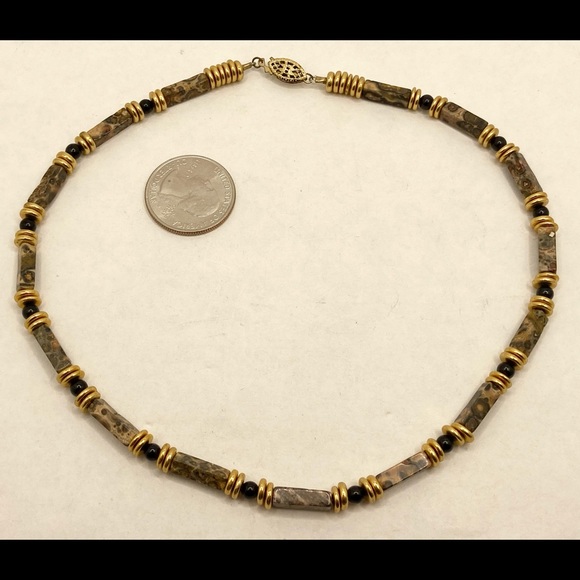 Vintage 18KGF leopard skin jasper & black onyx gemstone beaded choker necklace - Picture 2 of 9